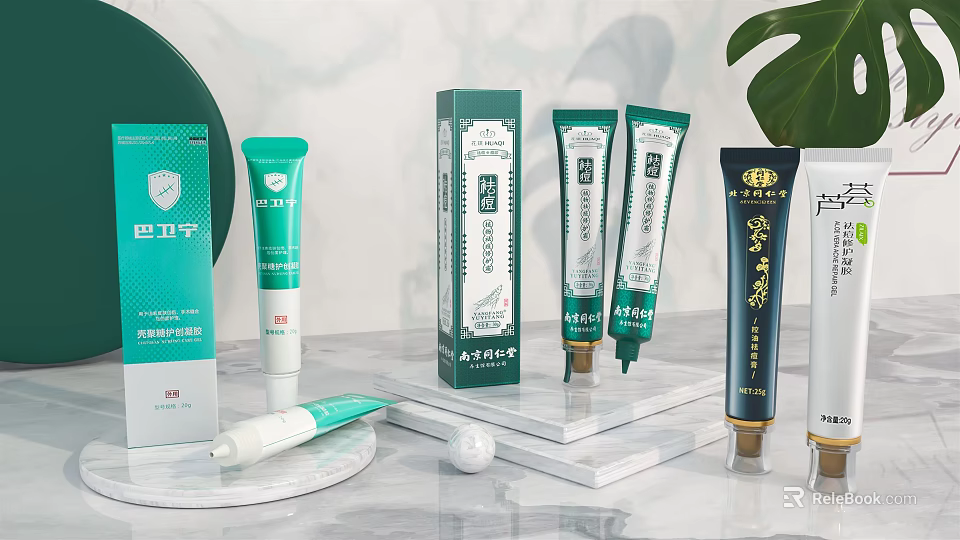 Perfume Cosmetics Skincare Creams And Serums With Green White Packaging On Marble Stand 3d model 