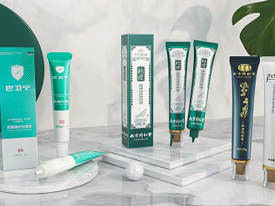 Perfume Cosmetics Skincare Creams And Serums With Green White Packaging On Marble Stand 3d model