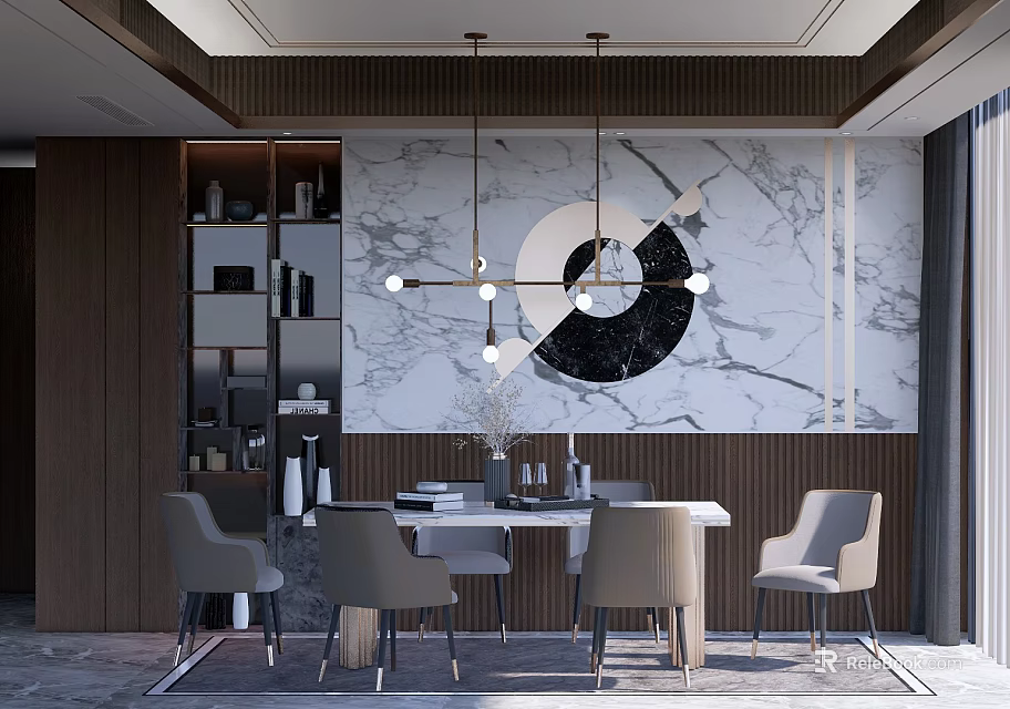 Modern Dining Room Interior With Dining Table Set Marble Backdrop Wooden Shelves And Pendant Lights 3d model 