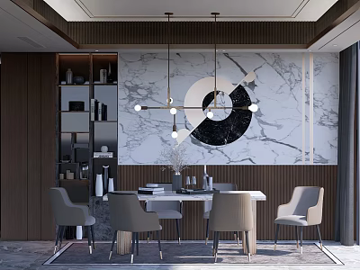 Modern Dining Room Interior With Dining Table Set Marble Backdrop Wooden Shelves And Pendant Lights 3d model