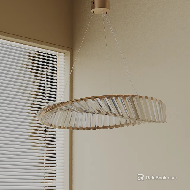 Minimalist Circular Wooden Chandelier With Slatted Design Hanging Near Window Blinds 3d model 