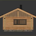 Log Cabin Wooden Structure With Black Roof Chimney And Stone Foundation