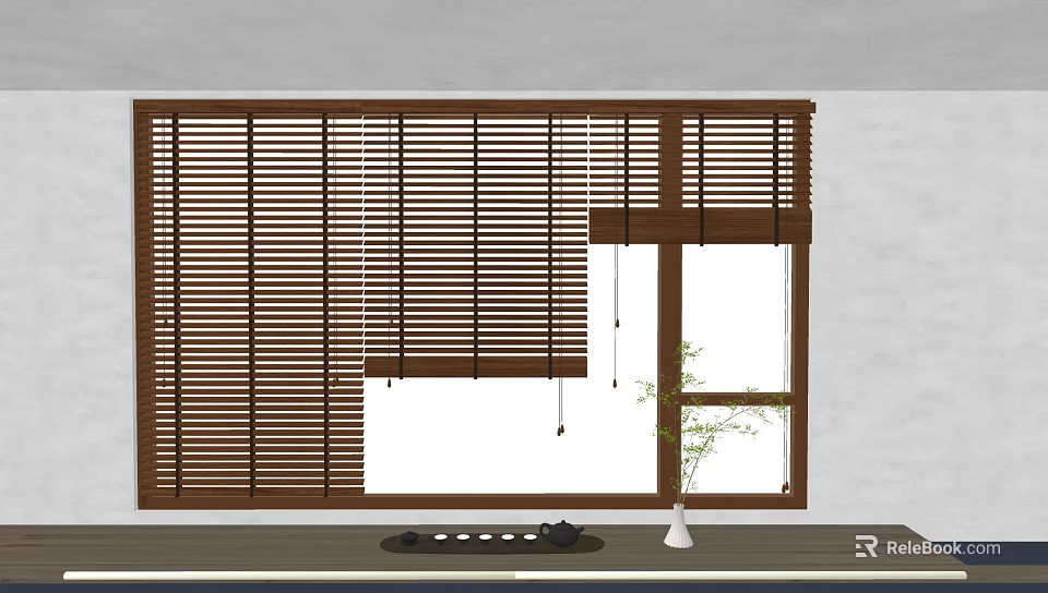 Wooden Window Blinds In Modern Interior With Potted Plant And Teacups 3d model 
