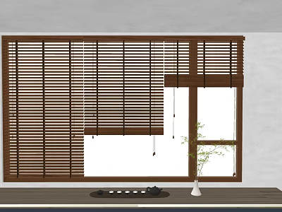 Wooden Window Blinds In Modern Interior With Potted Plant And Teacups 3d model