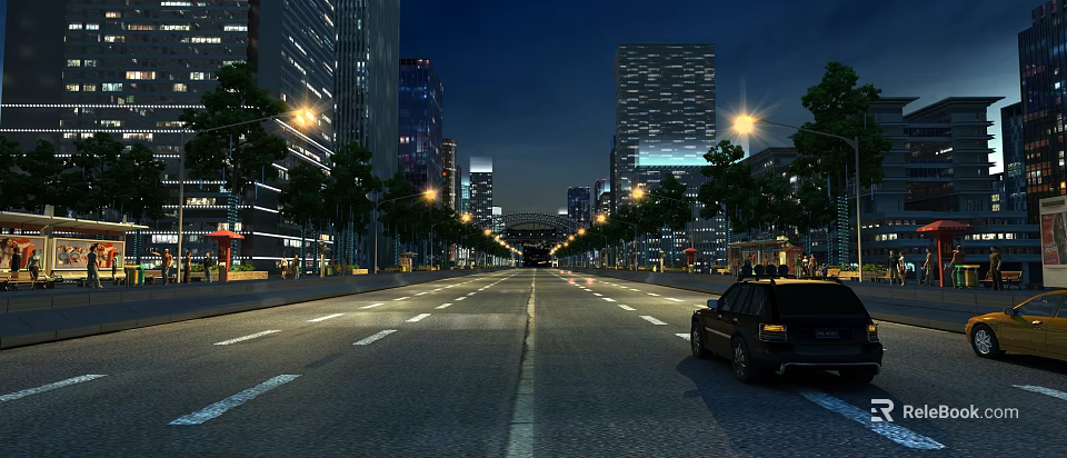Urban Road Facilities at Night with Street Lamps Tall Buildings and Vehicles 3d model 