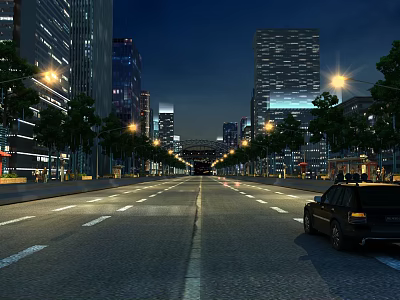Urban Road Facilities at Night with Street Lamps Tall Buildings and Vehicles 3d model