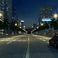 Urban Road Facilities at Night with Street Lamps Tall Buildings and Vehicles