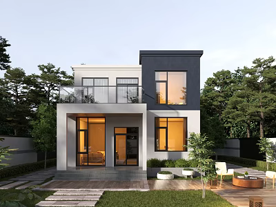 Modern Single Family House Exterior With Large Windows Balcony Garden And Outdoor Seating 3d model