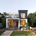 Modern Single Family House Exterior With Large Windows Balcony Garden And Outdoor Seating