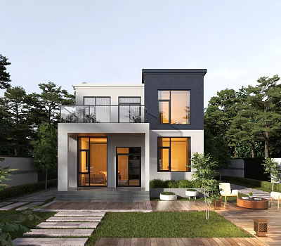 Modern Single Family House Exterior With Large Windows Balcony Garden And Outdoor Seating 3d model
