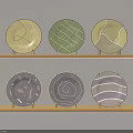 Decorative Plates With Various Patterns On Two Wooden Wall Shelves For Home Decor
