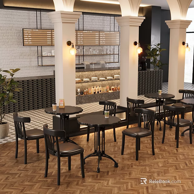 Industrial Café Interior Featuring Black Table And Chair Set Round Tables Pendant Lights And Potted Plants 3d model 