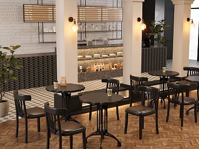 Industrial Café Interior Featuring Black Table And Chair Set Round Tables Pendant Lights And Potted Plants 3d model