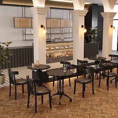 Industrial Café Interior Featuring Black Table And Chair Set Round Tables Pendant Lights And Potted Plants 3d model