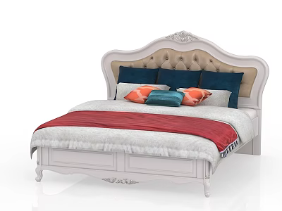 Classic Double Bed With Tufted Beige Headboard Colorful Pillows And Red Blanket 3d model