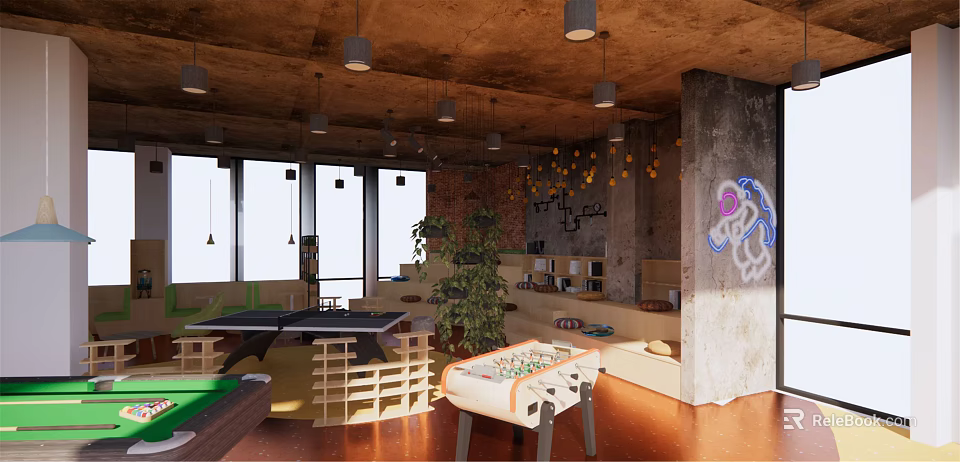 Industrial Clubhouse Interior With Exposed Ceiling Concrete Pillar Game Tables Sofa Seating And Indoor Plants 3d model 