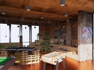 Industrial Clubhouse Interior With Exposed Ceiling Concrete Pillar Game Tables Sofa Seating And Indoor Plants 3d model