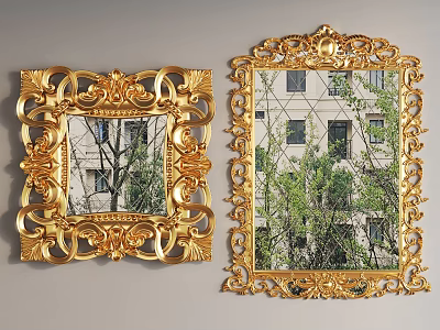 Ornate Golden Mirrors With Intricate Carvings Reflecting Trees And Buildings 3d model