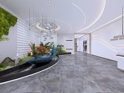 Modern Reception Area With Green Plants Water Feature Chandelier And Marble Flooring 3d model