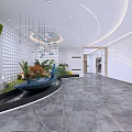 Modern Reception Area With Green Plants Water Feature Chandelier And Marble Flooring