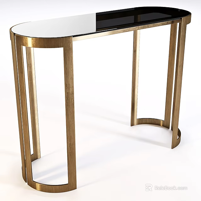 Modern Glass Top Desk With Golden Metal Frame And Curved Legs Structure 3d model 