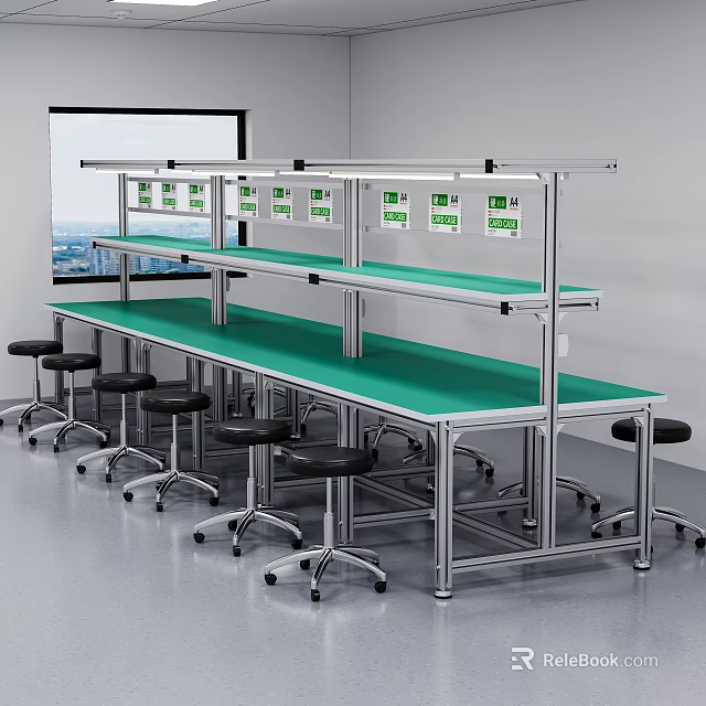Functional Modern Workspace With Green Countertop Metal Frame Shelves And Stools 3d model 