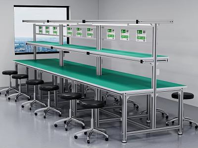 Functional Modern Workspace With Green Countertop Metal Frame Shelves And Stools 3d model