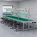 Functional Modern Workspace With Green Countertop Metal Frame Shelves And Stools