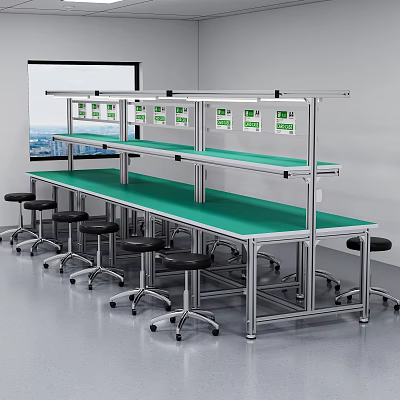 Functional Modern Workspace With Green Countertop Metal Frame Shelves And Stools 3d model