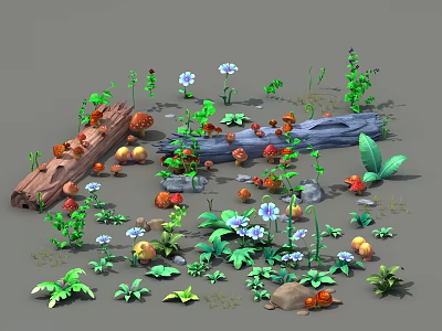 Lush Green Garden Plants With Colorful Flowers Mushrooms Snails Wooden Logs And Stones 3d model