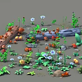 Lush Green Garden Plants With Colorful Flowers Mushrooms Snails Wooden Logs And Stones