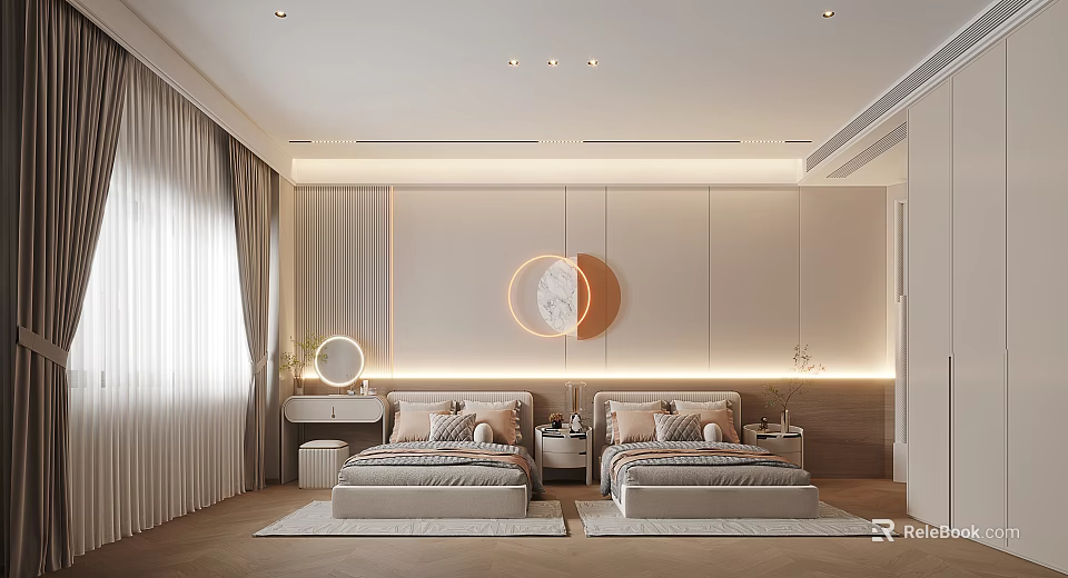 Modern Bedroom Interior Design With Twin Beds Circular Wall Art Ambient Lighting Dressing Table And Wooden Flooring 3d model 