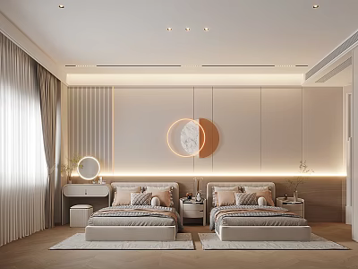 Modern Bedroom Interior Design With Twin Beds Circular Wall Art Ambient Lighting Dressing Table And Wooden Flooring 3d model