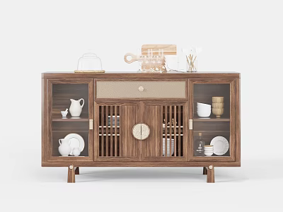 Traditional Wooden Sideboard With Lattice Doors Glass Panels And Decorative Ornaments 3d model