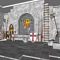 Medieval Weapons Display With Stone Walls Shield Spears Wooden Ladder And Heraldic Banner
