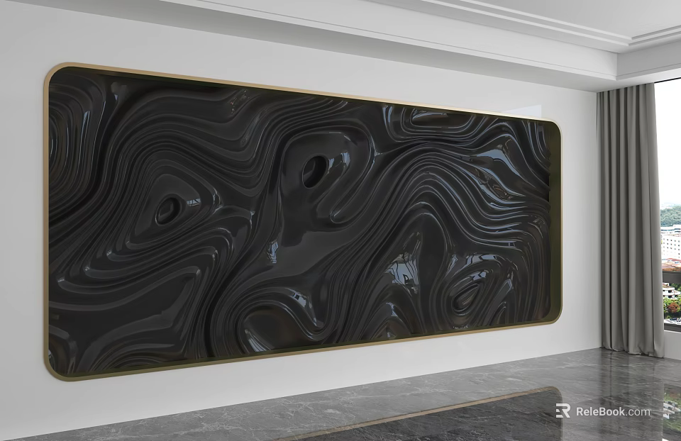 Elegant Modern Luxury Background Wall with Black Wavy Texture Golden Frame and Sleek Marble Floor 3d model 
