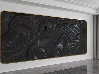 Elegant Modern Luxury Background Wall with Black Wavy Texture Golden Frame and Sleek Marble Floor 3d model
