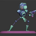 3D Sci Fi Robot Character with Glowing Accents Standing on Purple Platform Holding Ray Gun