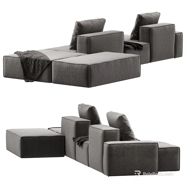 Modern Gray Sectional Sofa With Plush Pillows And Cozy Throw Blanket Design 3d model 