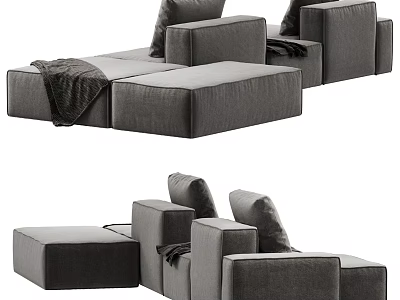 Modern Gray Sectional Sofa With Plush Pillows And Cozy Throw Blanket Design 3d model