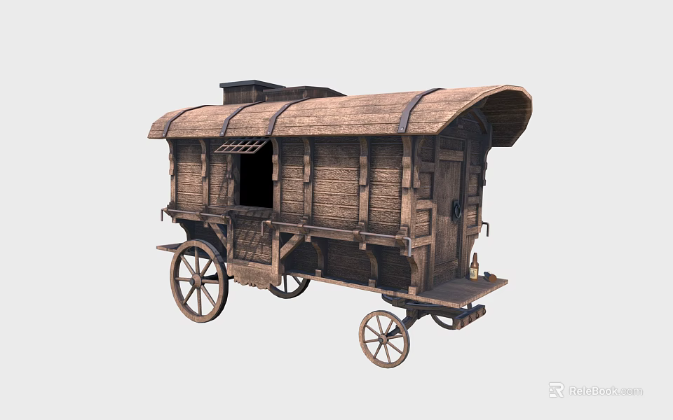 Antique Wooden Carriage Featuring Arched Roof Wooden Spoked Wheels And Door 3d model 