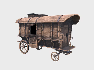Antique Wooden Carriage Featuring Arched Roof Wooden Spoked Wheels And Door 3d model