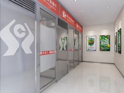 Bank Interior Featuring Glass Doors Promotional Posters and Convenient Services 3d model