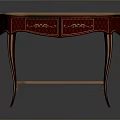 Ornate Red Table With Striped Top Gold Accents Drawers Lower Shelf And Curved Legs
