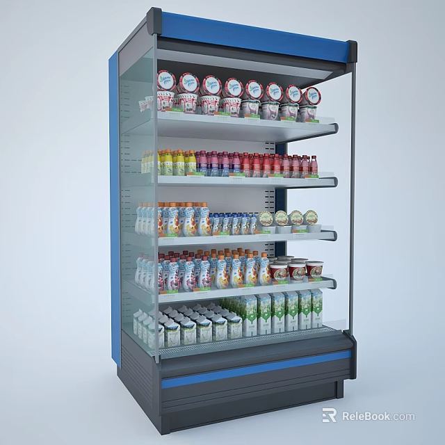 Multi Tiered Display Shelf With Clear Glass Doors And Organized Colorful Beverages Snacks 3d model 