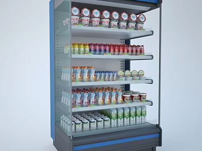 Multi Tiered Display Shelf With Clear Glass Doors And Organized Colorful Beverages Snacks 3d model