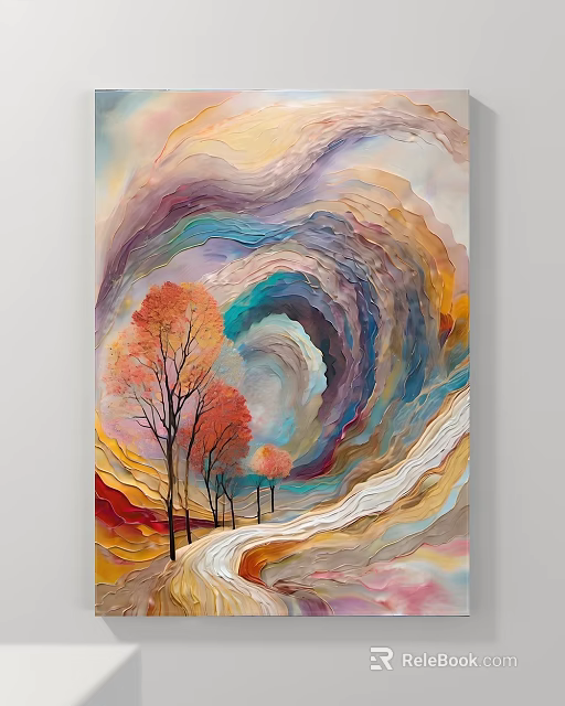 Artistic Abstract Painting With Tall Red Trees And Swirling Vibrant Colors Layered Textures 3d model 