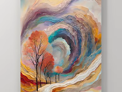 Artistic Abstract Painting With Tall Red Trees And Swirling Vibrant Colors Layered Textures 3d model