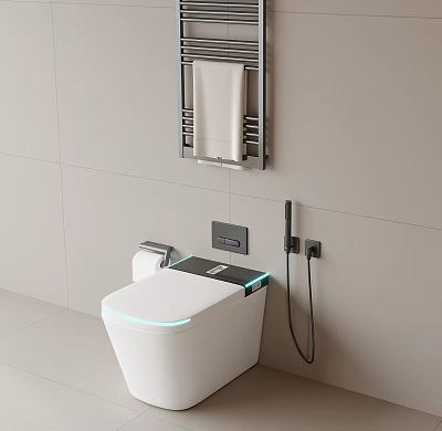 Modern Smart White Toilet With Blue LED Light Towel Rack And Bidet Spray In Bathroom 3d model