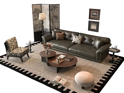 Luxurious Leather Sofa and Round Coffee Table Set with Decorative Pillows Vase Books and Art 3d model